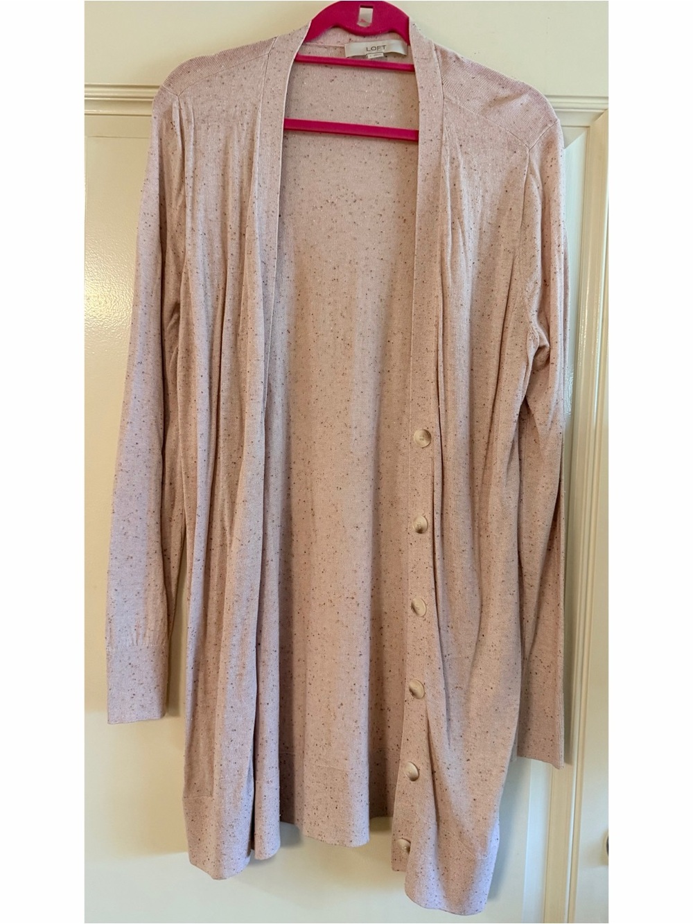 LOFT Light Pink Speckled Open-Front Long Cardigan
